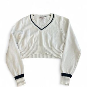BCBGeneration Women's White Varsity Sweater V-Neck Preppy Size Small